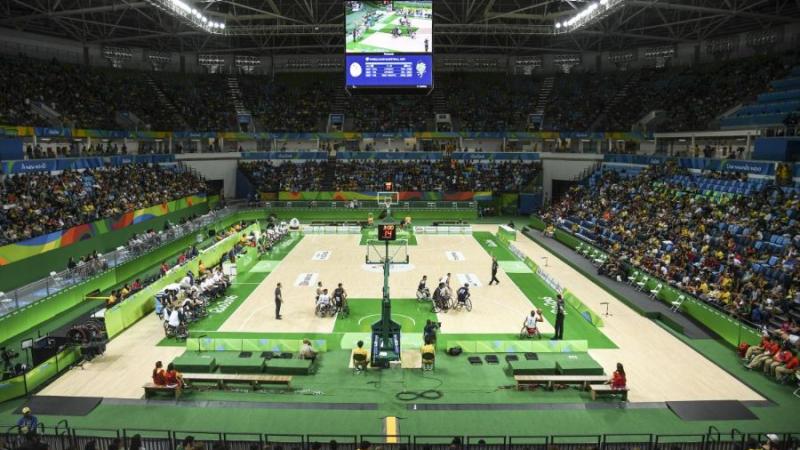 Panoramic view of the Arena Carioca 1 during a wheelchair basketball game at Rio 2016