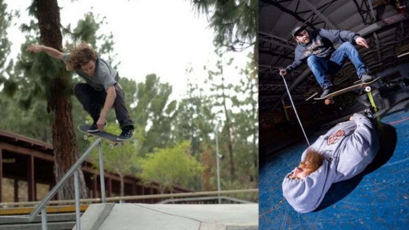 Two photos of blind skateboarder Dan Mancina doing tricks. In the first one he is jumping on a rail and in the second he is jumping over a person while holding a white cane.