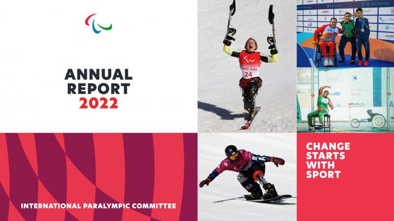 The cover of the 2022 IPC Annual Report, features six images of Para athletes
