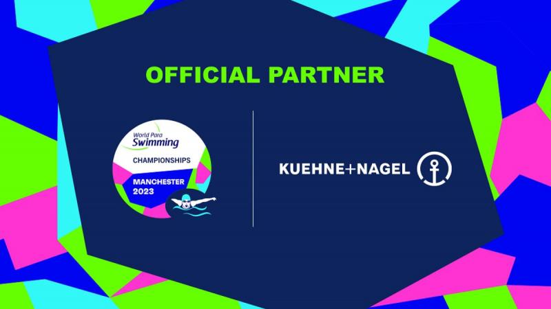 The logos of Kuehne+Nagel and Manchester 2023 Para Swimming World Championships