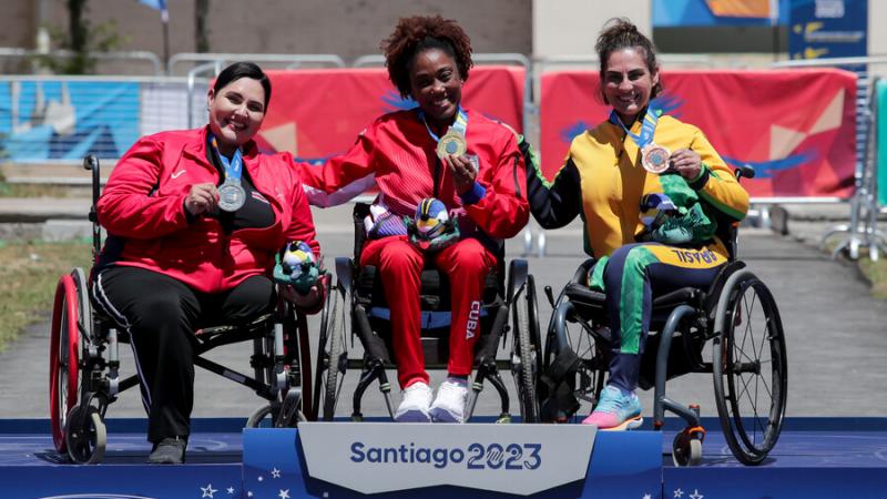 Three women on a podium at the Santiago 2023 Parapan American Games