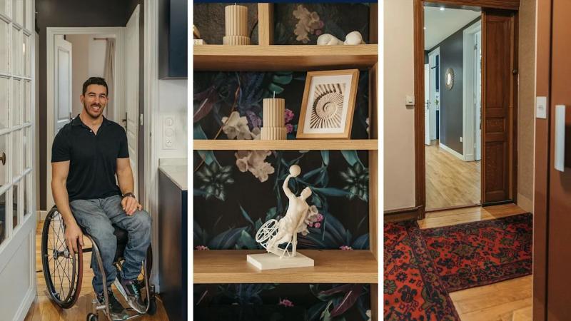 A collaged photo of a male wheelchair basketball player and two photos of his apartment.