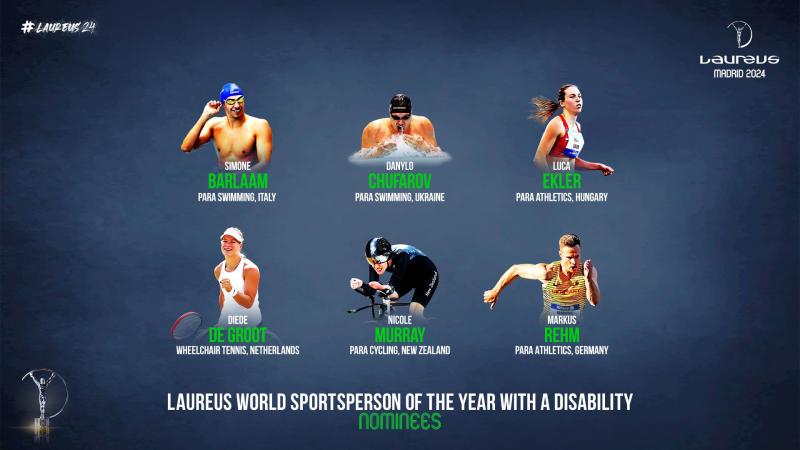 A graphic with photos of six Paralympic athletes and the words "Laureus World Sportsperson of the Year with a Disability nominees"