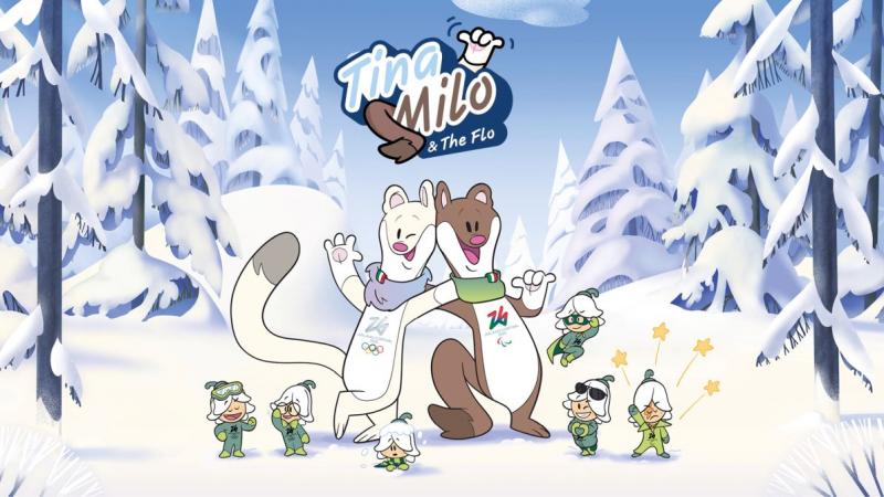 A graphic image of the Milano Cortina 2026 mascots. There are two mascots inspired by stroats posing in the snow.