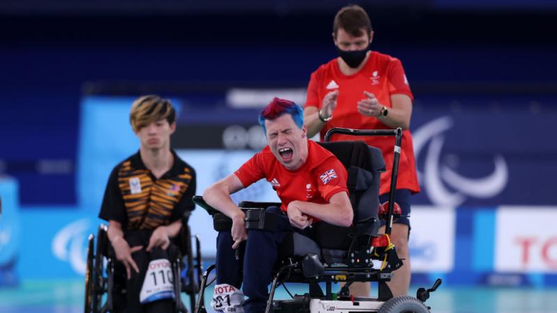 Boccia player David Smith screams with joy after winning 