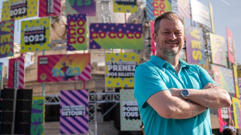 IPC President Andrew Parsons poses for a photo during Paris 2024 Paralympic Day