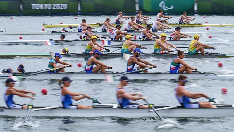 Photo shows the start line of the Rowing Mixed Coxed Four - PR3Mix4+ at the Tokyo 2020 Paralympics.