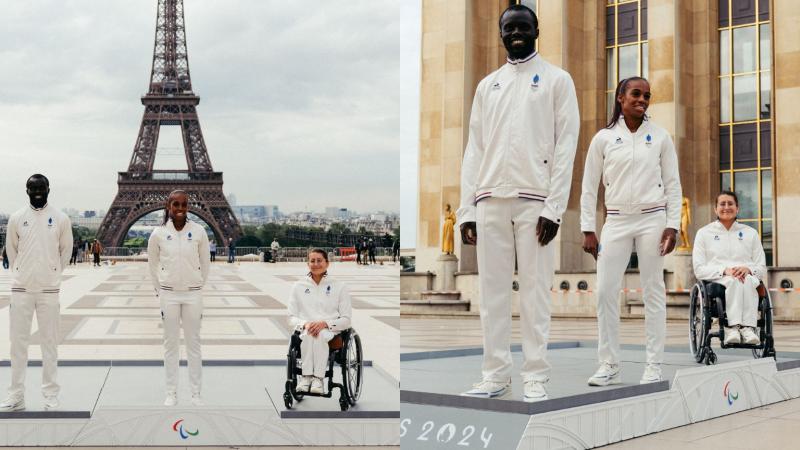 A collaged photo of three athletes posing on the podium