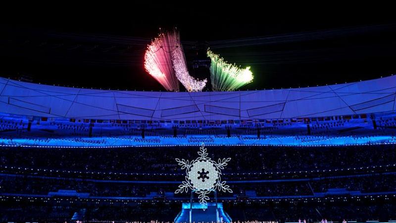 A wide shot of the Beijing 2022 Opening Ceremony and fire works.