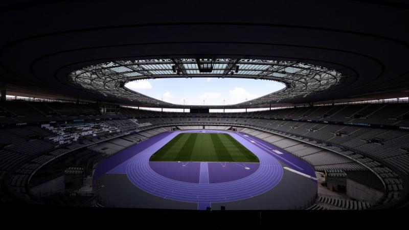 A view of the purple track of the Stade de France in Paris