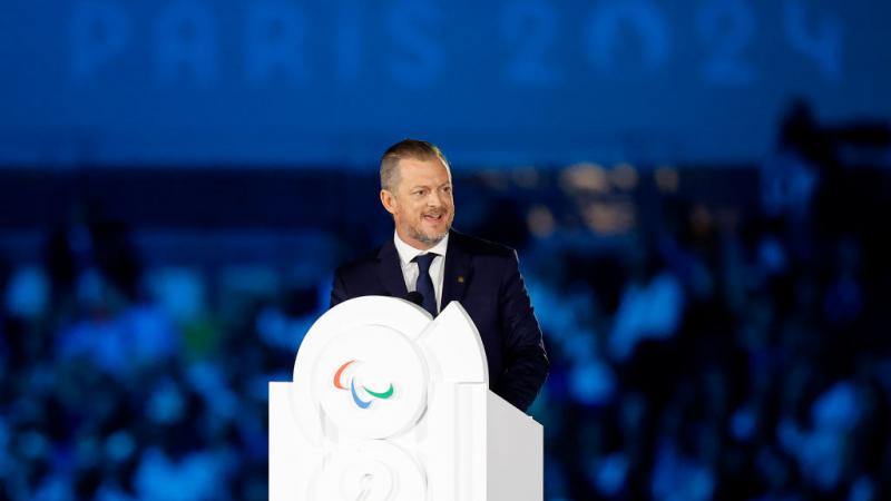 Andrew Parsons, President of the IPC, speaks at the Paris 2024 Opening Ceremony