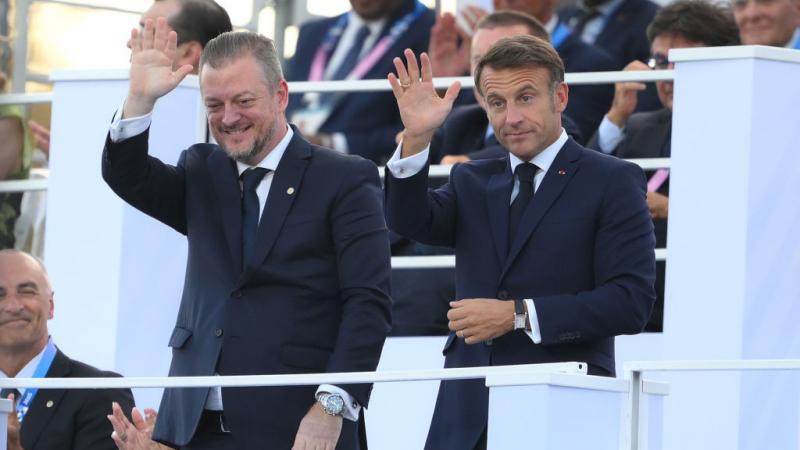 Andrew Parsons and Emmanuel Macron wave to the crowd