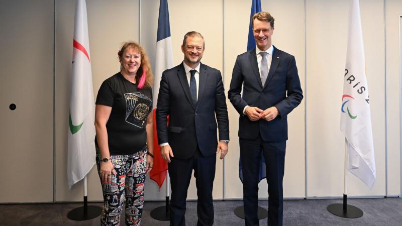State Secretary for Sports, NRW, Andrea Milz, IPC President, Andrew Parsons & Premier of NRW, Hendrik Wüst
