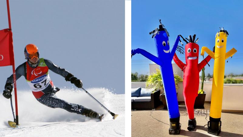 A collage of a photo of a male Para alpine skier in competition and another proto of three inflation tube men each in red, blue and yellow