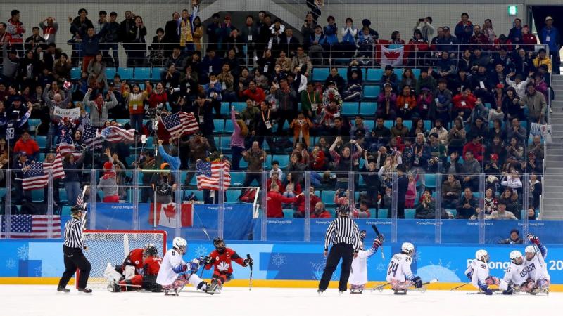 A view of the ice rink and fans watching USA Canada at PyeongChang 2018