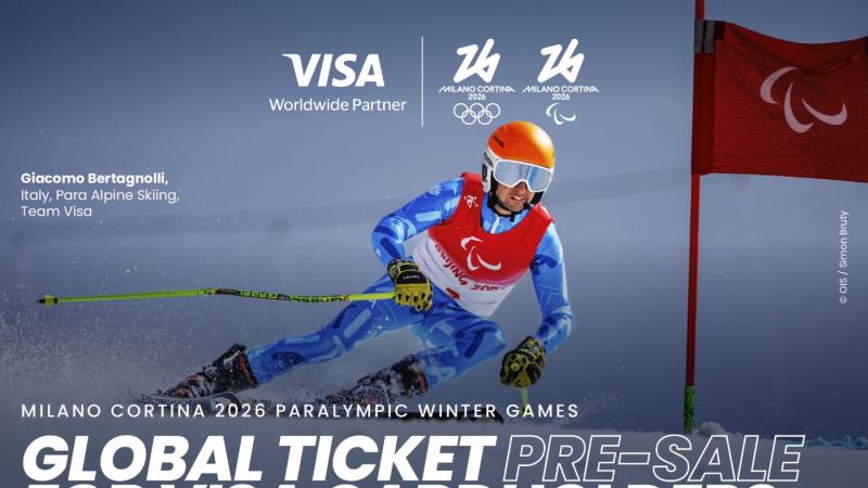 Italian Para skier Giacomo Bertagnolli competes at the Beijing 2022 Paralympic Games. Text says: Giacomo Bertagnolli, Italy, Para Alpine Skiing, Team Visa. Milano Cortina 2025 Paralympic Winter Games. Global Ticket Pre-sale for VISA cardholders. March 5. Buy tickets now. Prices from EUR 10. Terms and conditions apply.