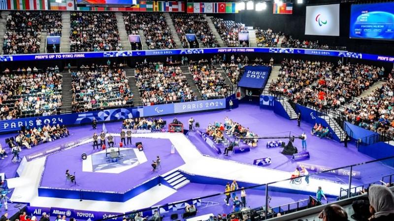An aerial view of the Para powerlifting Port de La Chapelle Arena at Paris 2024 Paralympic Games