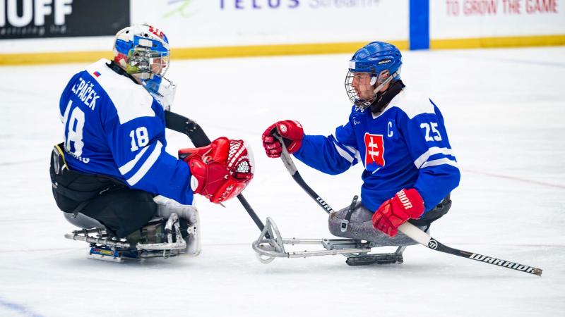 Slovakia's Para ice hockey player and a goaltender on ice