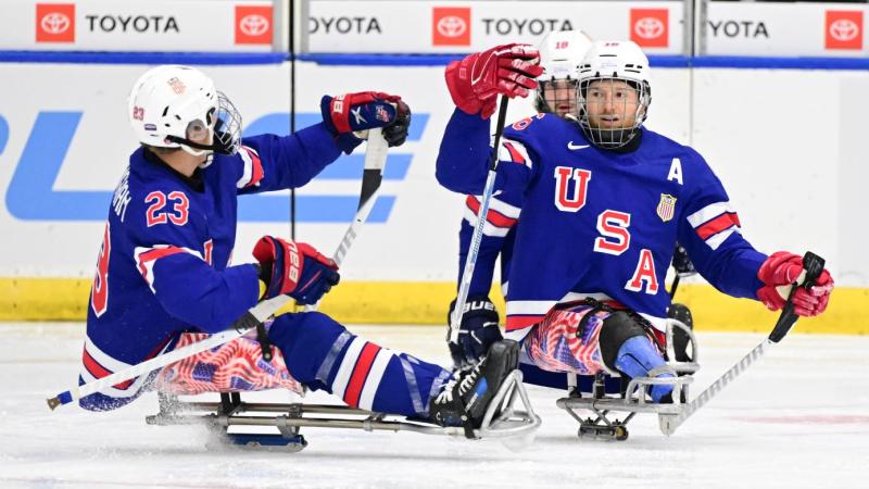 Team USA Para ice hockey celebrating a goal