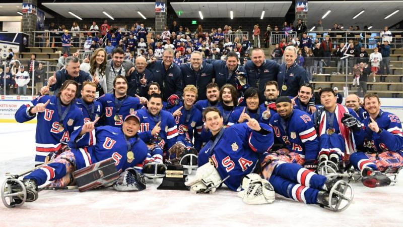 Team USA with the trophy of the 2025 World Para Ice Hockey Championships