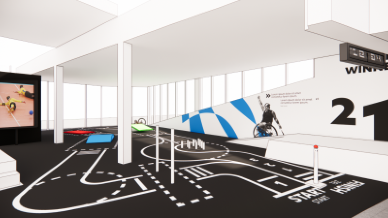 A wheelchair course with obstacles takes the center stage. A medal's podium appears to the right, along with other decorative brand elements. 