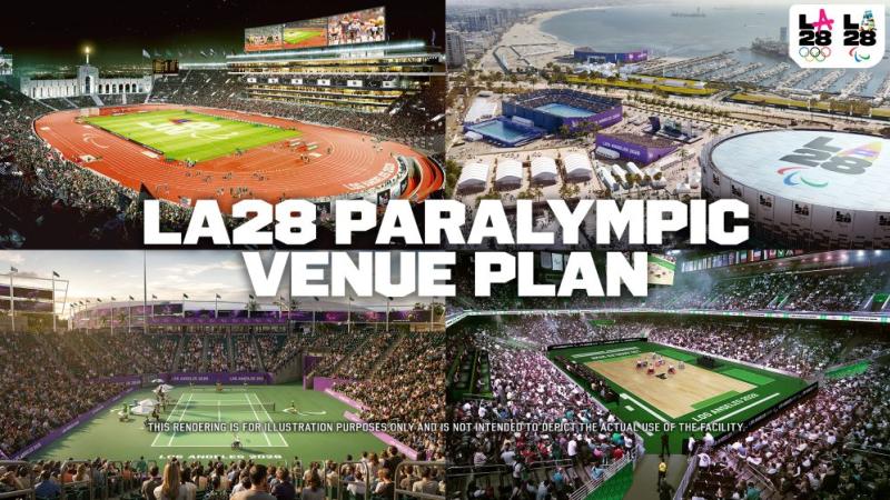 A collaged photo of four mockup of Paralympic venues