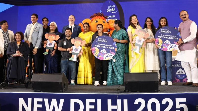 A group of people on a stage to promote the New Delhi 2025 World Para Athletics Championships