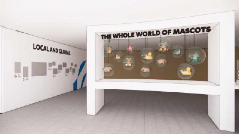 To the left, a big wall recognises the history of the building and IPC's presence in the German state of NRW.  To the right, Paralympic mascots from previous Games editions hang from a structure inside playful glass bubbles.