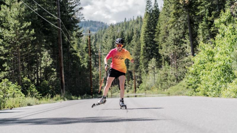 A female Para athlete training on roller skates
