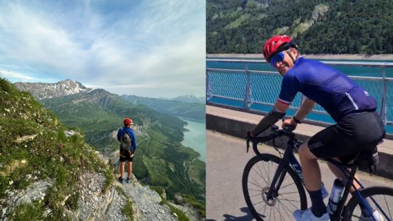 A collaged photo of a male athlete hiking and cycling