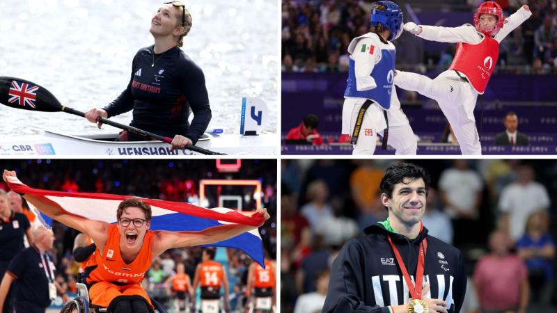 Collaged photo featuring four athletes - a female athlete after a Para canoe competition, a female Para taekwondo athlete kicking her opponent during a match, a female wheelchair basketball player smiling and holding the Dutch flag, and a male Para swimmer on the podium smiling with a gold medal around his neck