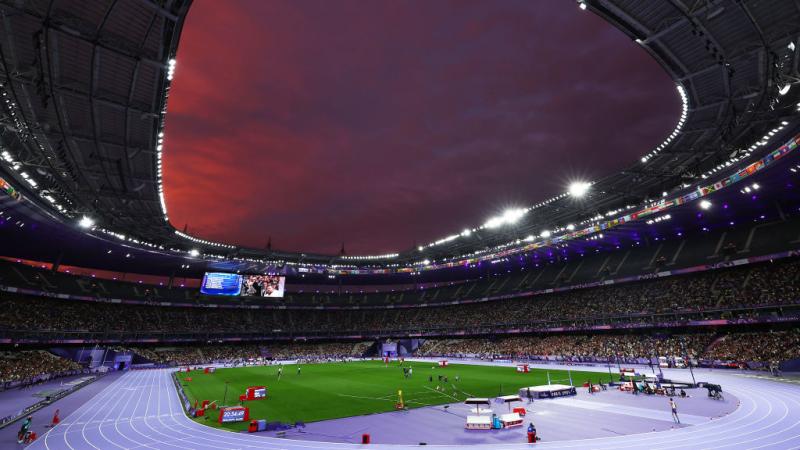 A wide shot of the Stade de France, the venue of the Paris 2024 Paralympics athletics events