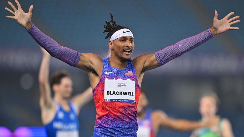 An athlete reacts in joy 