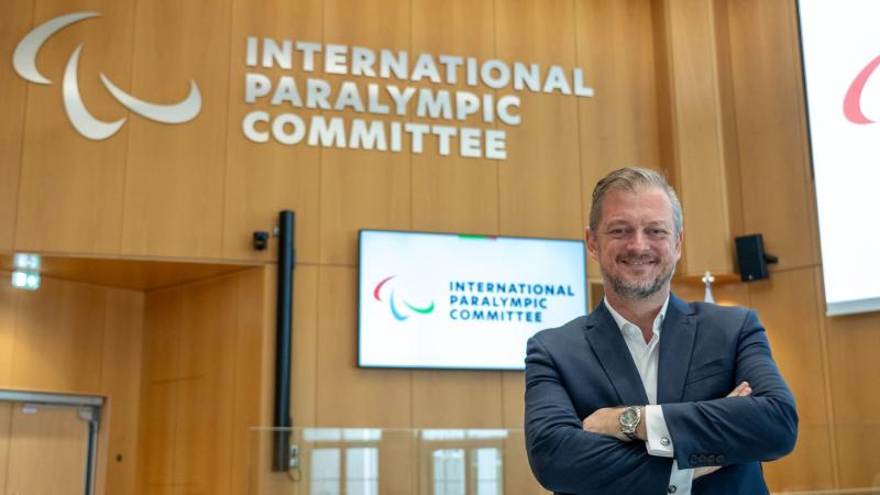 Andrew Parsons, president of the International Paralympic Committee, poses for a photo at the IPC Campus