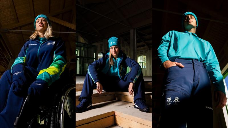 A collage of three people wearing the official Milano Cortina 2026 Paralympic Winter Games uniforms