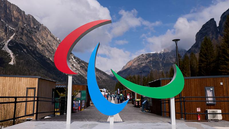A monument of the Agitos symbol in the Paralympic Village in Cortina