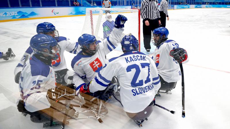 A group of male ice hockey players celebrate a goal for Slovakia