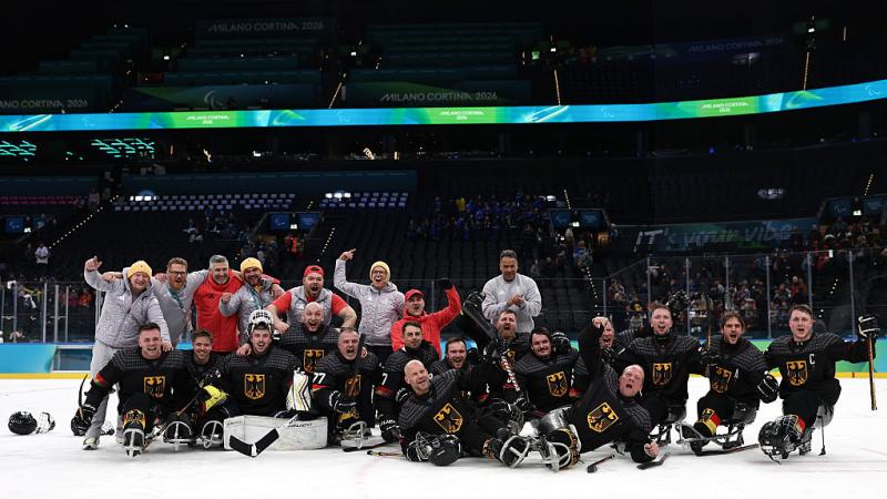 Germany Para ice hockey national team celebrating on ice