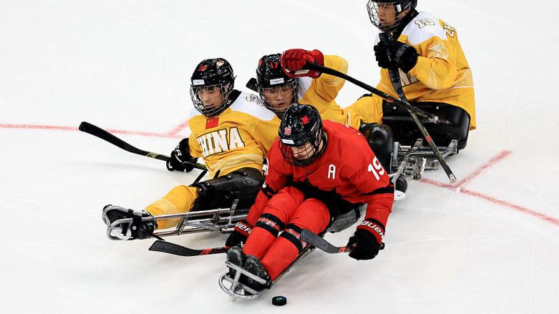 A Canadian Para ice hockey player followed by three Chinese players