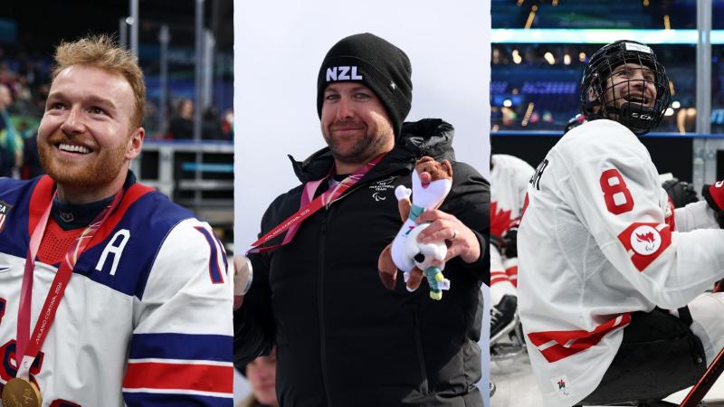 A collaged image featuring three male winter Paralympians