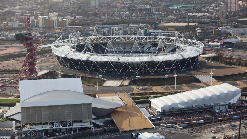 Aerial view of the London Olympic Park.