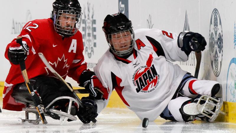 Satoru Sudo and Greg Westlake battle for the puck