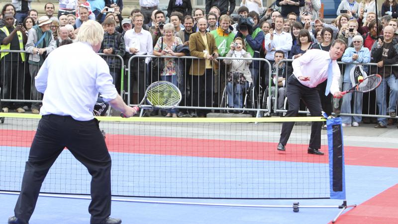 Tennis match between David Cameron and Boris Johnson at IPD