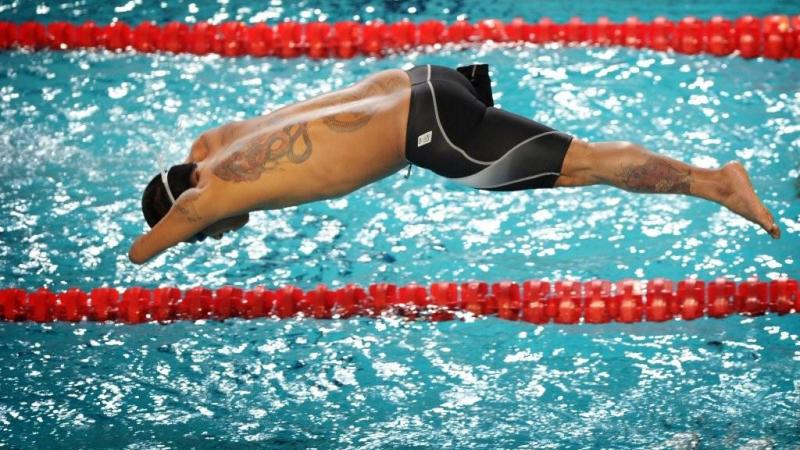 Swimmer starts a race from the start block jumping in the water.