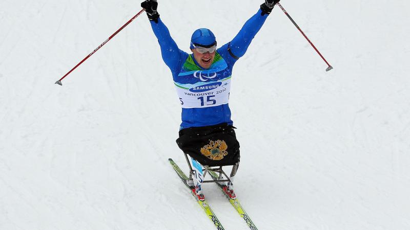 Irek Zaripov celebrating after winning a race at the Vancouver 2010 Paralympic Winter Games