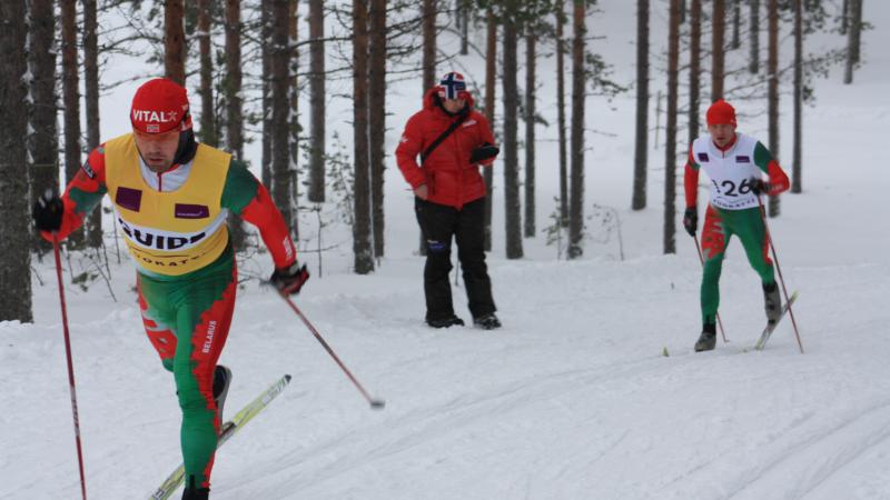 Belarus' Vasili Shaptsiaboi with guide Igar Mathlahov 