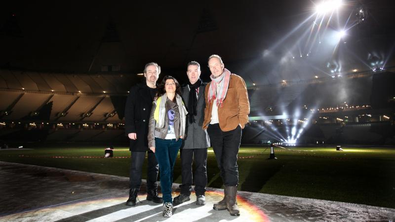 The Closing Ceremony Creative Team, pictured during testing at the Olympic Stadium. L to R David Arnold (Music Director), Es Devlin (Designer) , Kim Gavin (Artistic director) , Patrick Woodroffe (Lighting Designer)