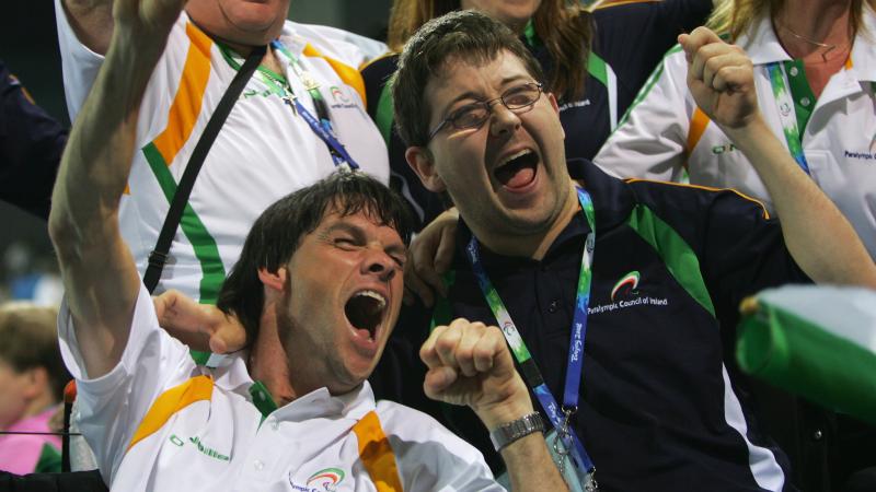 Two Irish Boccia players are celebrating their victory