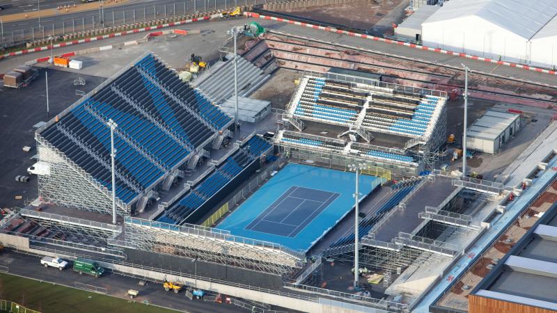 An aerial picture of a tennis court.