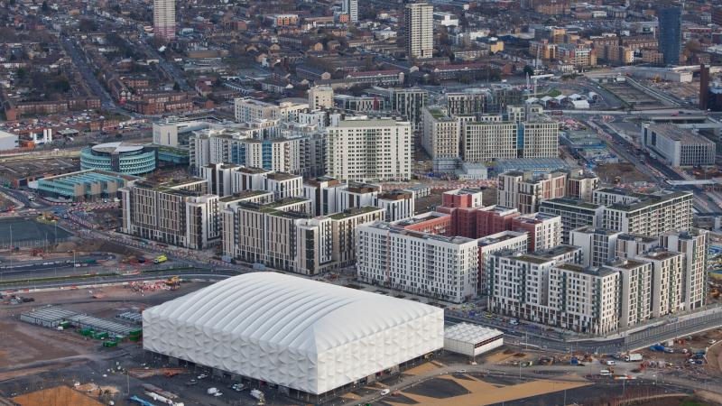 Aerial of Basketball Arena and Olympic Village